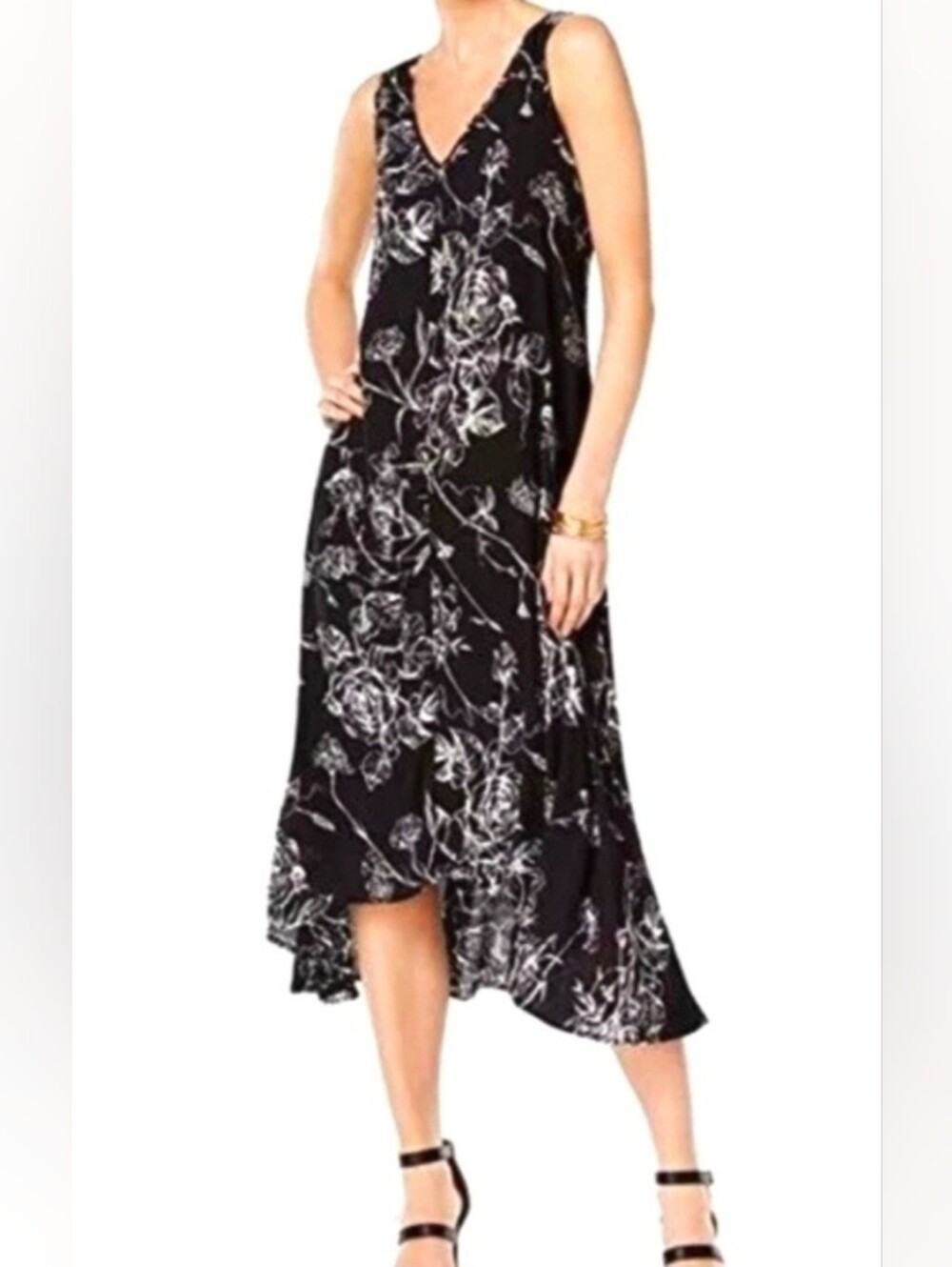 Grace Elements Black and White Floral V-Neck High-Low Skirt